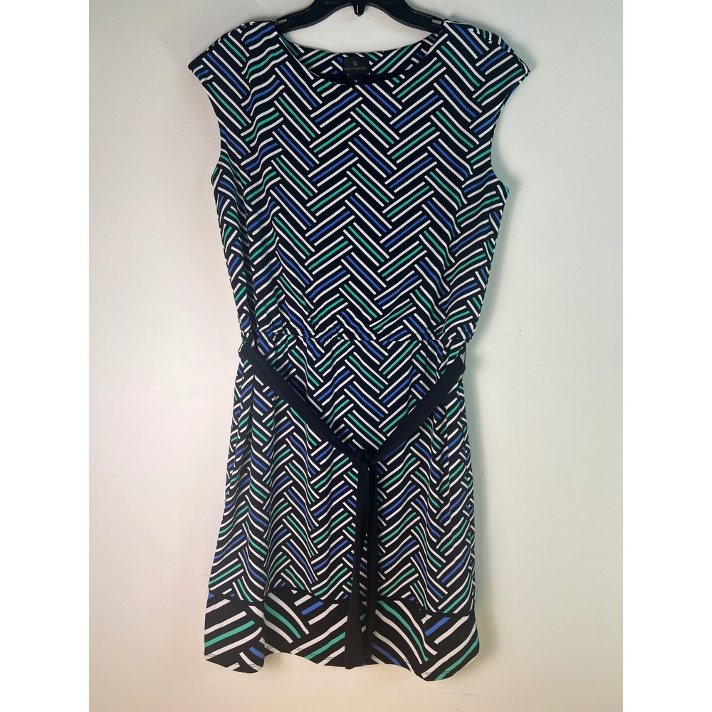 Worthington Womens Cap Sleeve Geometric Chevron Tie‎ Waist Sheath Dress Black M